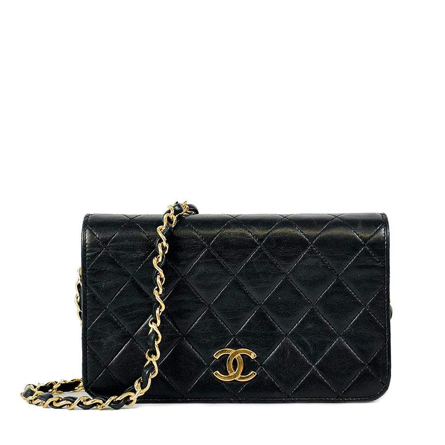 CHANEL Full Flap Chain Shoulder Bag Clutch Black Quilted Lambskin