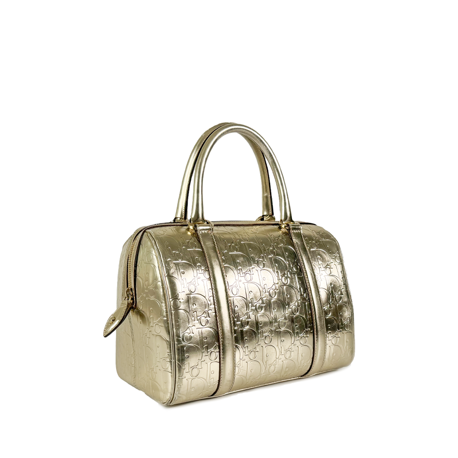 DIOR METALLIC GOLD OBLIQUE EMBOSSED LEATHER BOSTON BAG